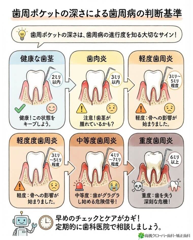 歯周ポケットの深さによる歯周病の判断基準