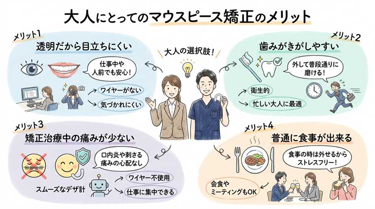 大人にとってのマウスピース矯正のメリットの図解