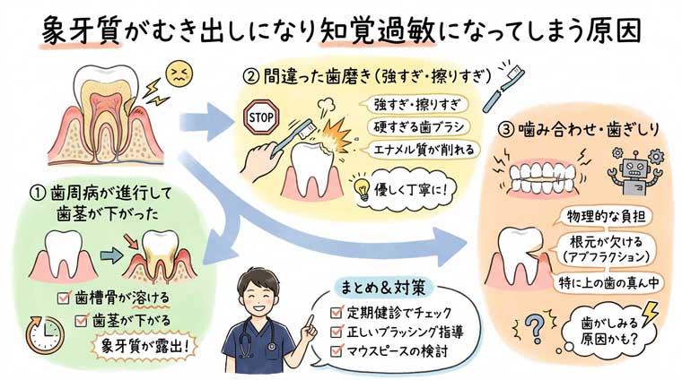象牙質がむき出しになり知覚過敏になってしまう原因の図解