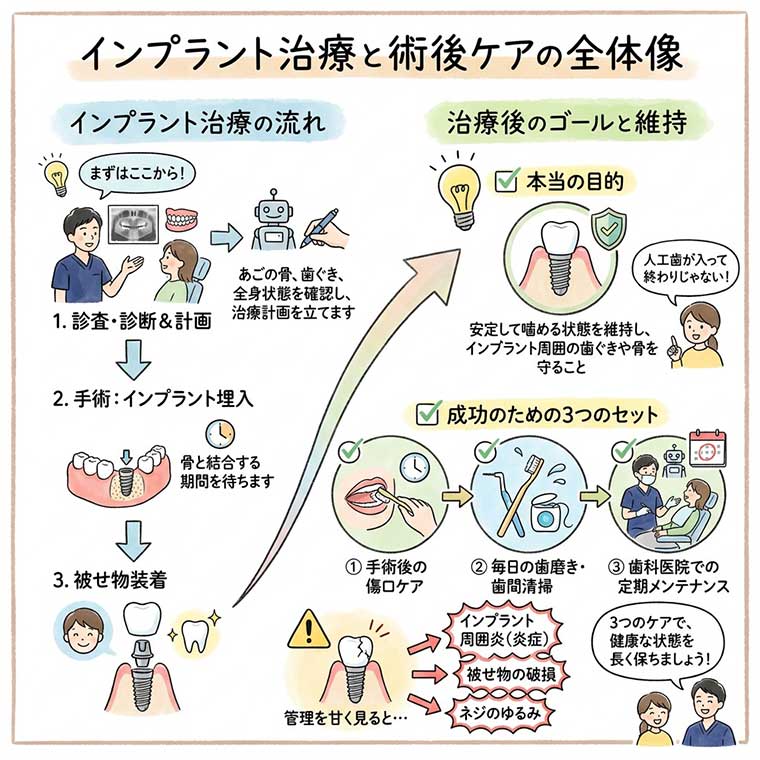インプラント治療と術後ケアの全体像の図解