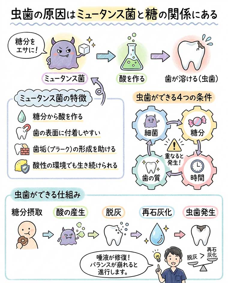 虫歯の原因はミュータンス菌と糖の関係にあるの図解