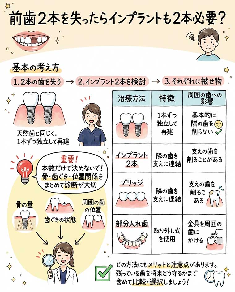 前歯2本を失ったらインプラントも2本必要？の図解