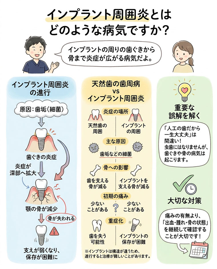 インプラント周囲粘膜炎とインプラント周囲炎は何が違うのですか？の図解